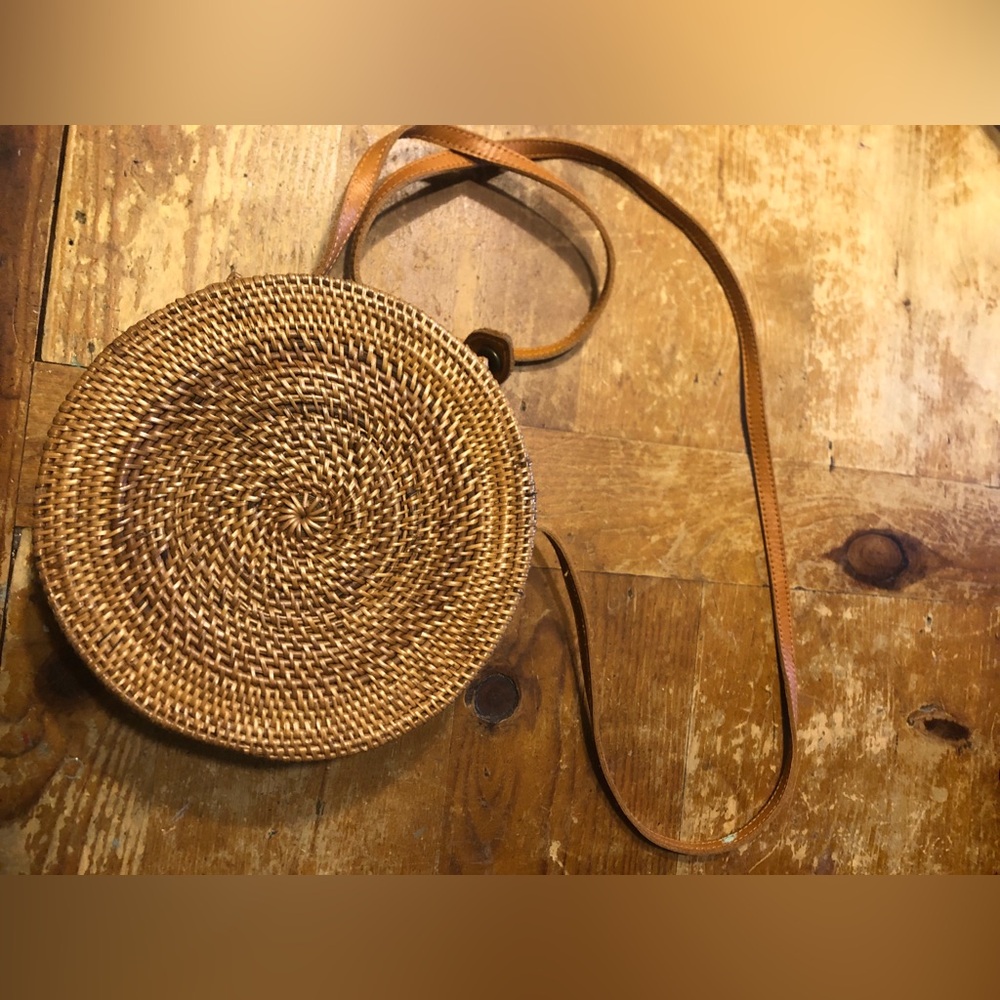Straw Studios Round Straw and Leather Woven Crossbody Bag in Tan